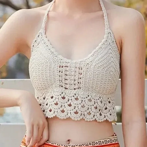 Sexy Boho Beach Holiday Camisole Halter Women Crochet Knit Swimsuit Bra Backless Vest Hollow Tassel Tank Top Women's Crop Tops