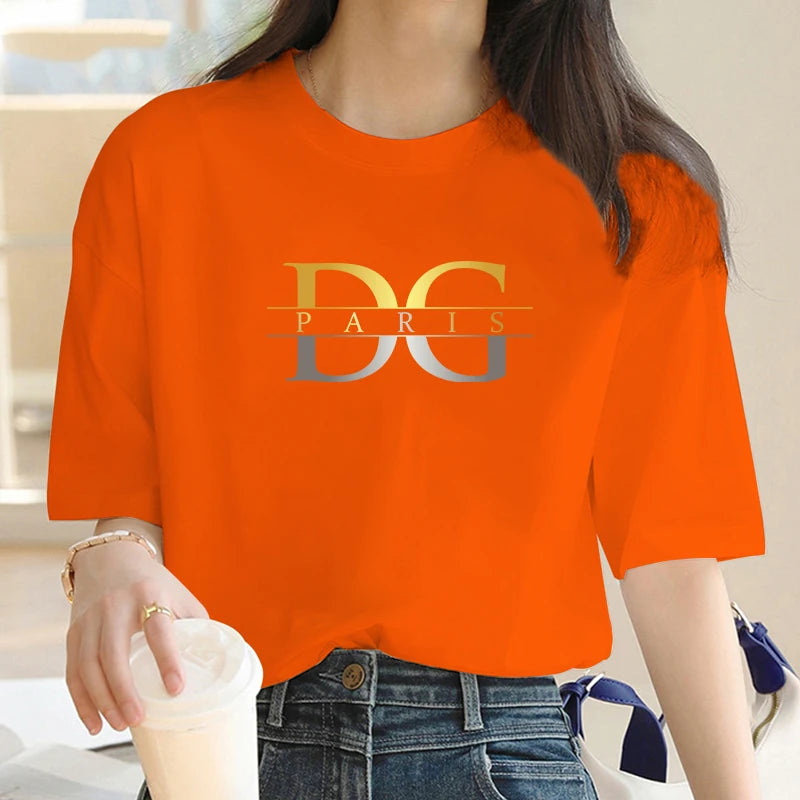 Luxury Brand Gold and Silver Gradient letter D Print Crew Neck Clothing Short Sleeve T-Shirt Trend Women's Summer Y2K Top