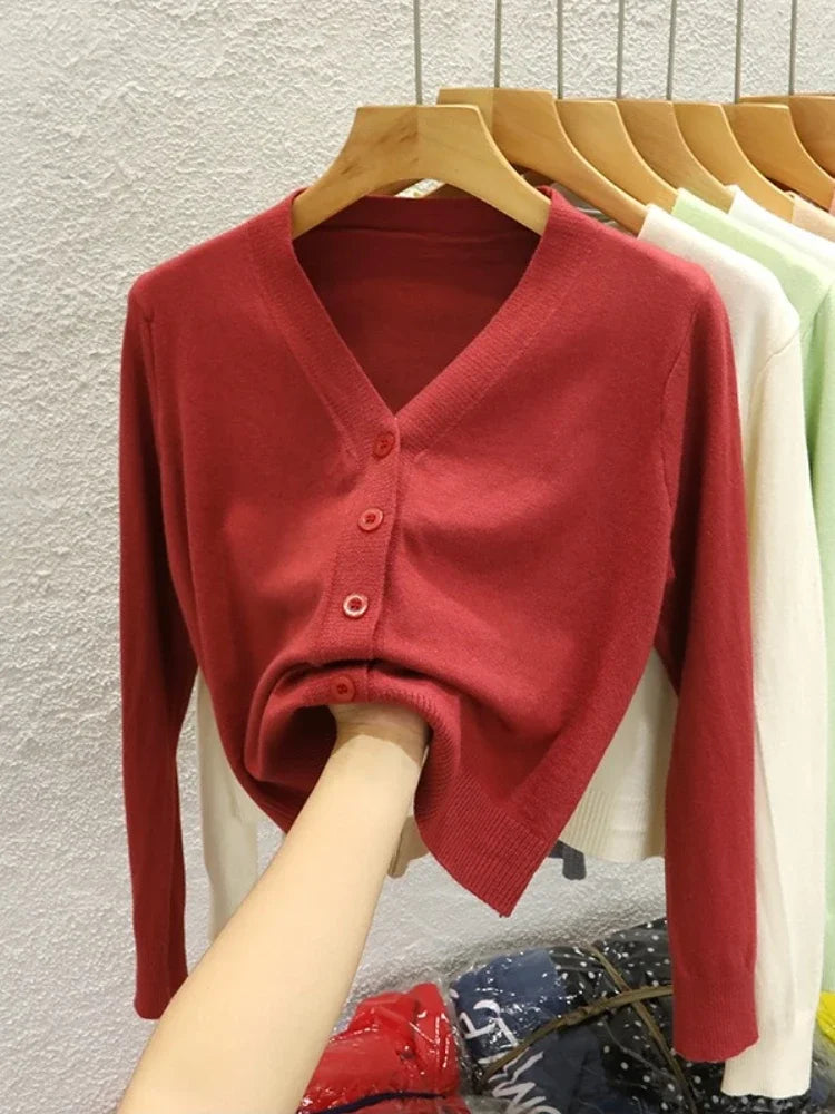 AOSSVIAO Korean Style V-neck Knitted Cardigan 2025 Autumn New Black Sweater Solid Color Long Sleeved Casual Tops