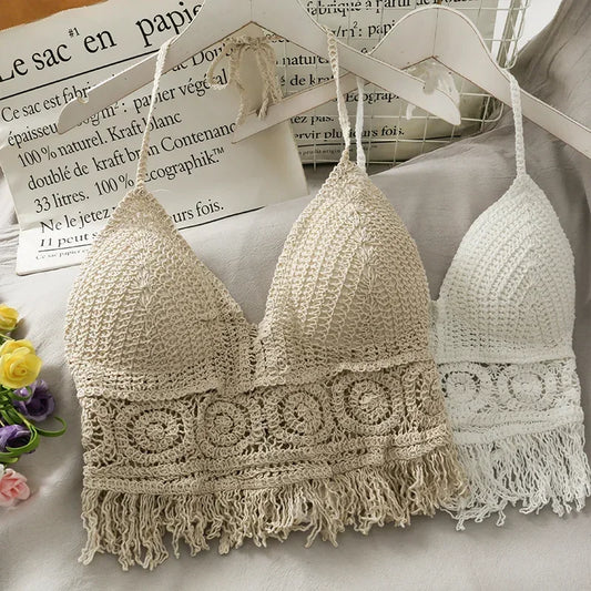Sexy Boho Beach Holiday Camisole Halter Women Crochet Knit Swimsuit Bra Backless Vest Hollow Tassel Tank Top Women's Crop Tops