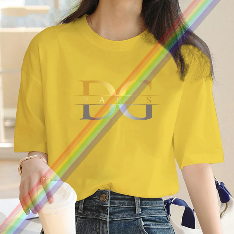 Luxury Brand Gold and Silver Gradient letter D Print Crew Neck Clothing Short Sleeve T-Shirt Trend Women's Summer Y2K Top