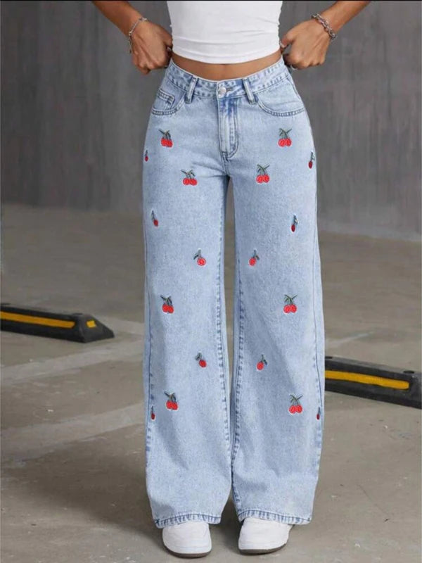 Denim Wide Leg Pants Women Jeans Embroidery High Waist Distressed Washed Pockets Vintage Floor Length Trousers 2025 Streetwear