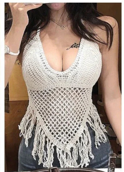 Sexy Boho Beach Holiday Camisole Halter Women Crochet Knit Swimsuit Bra Backless Vest Hollow Tassel Tank Top Women's Crop Tops