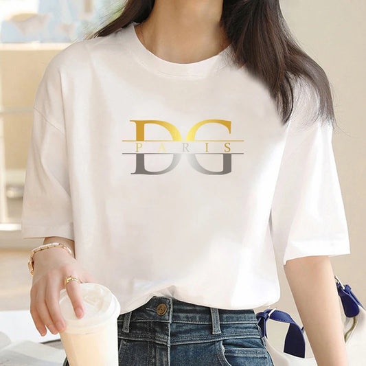 Luxury Brand Gold and Silver Gradient letter D Print Crew Neck Clothing Short Sleeve T-Shirt Trend Women's Summer Y2K Top