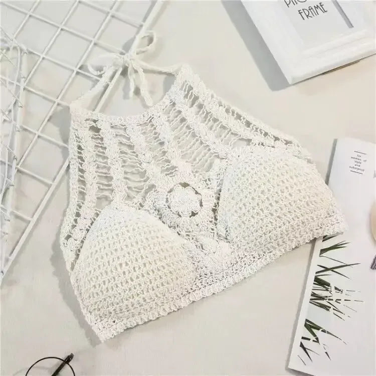 Sexy Boho Beach Holiday Camisole Halter Women Crochet Knit Swimsuit Bra Backless Vest Hollow Tassel Tank Top Women's Crop Tops