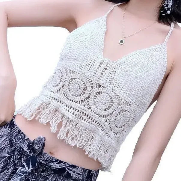 Sexy Boho Beach Holiday Camisole Halter Women Crochet Knit Swimsuit Bra Backless Vest Hollow Tassel Tank Top Women's Crop Tops
