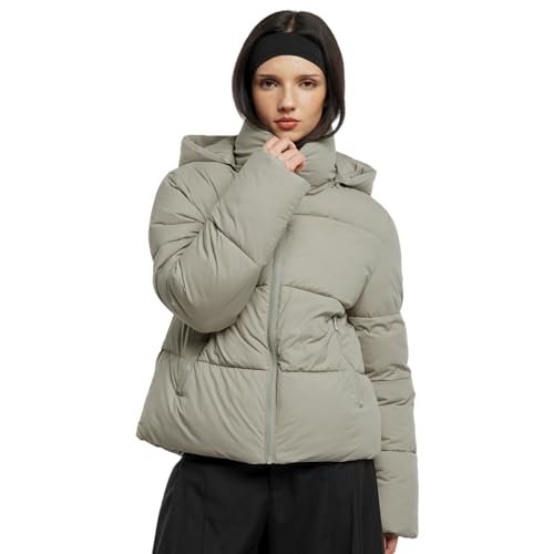 Women's Cropped Puffer Jackets,Warm Winter Jacket with Removable Hood,Zipped Pockets,Short Ladies Quilted Coat