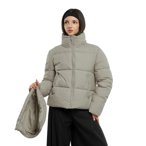 Women's Cropped Puffer Jackets,Warm Winter Jacket with Removable Hood,Zipped Pockets,Short Ladies Quilted Coat