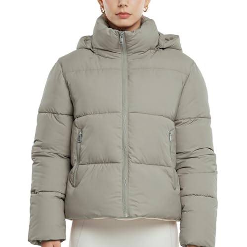 Women's Cropped Puffer Jackets,Warm Winter Jacket with Removable Hood,Zipped Pockets,Short Ladies Quilted Coat