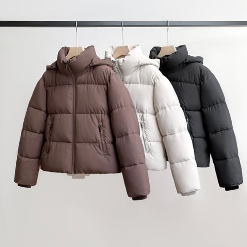 Women's Cropped Puffer Jackets,Warm Winter Jacket with Removable Hood,Zipped Pockets,Short Ladies Quilted Coat