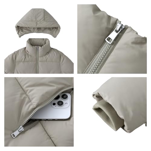 Women's Cropped Puffer Jackets,Warm Winter Jacket with Removable Hood,Zipped Pockets,Short Ladies Quilted Coat