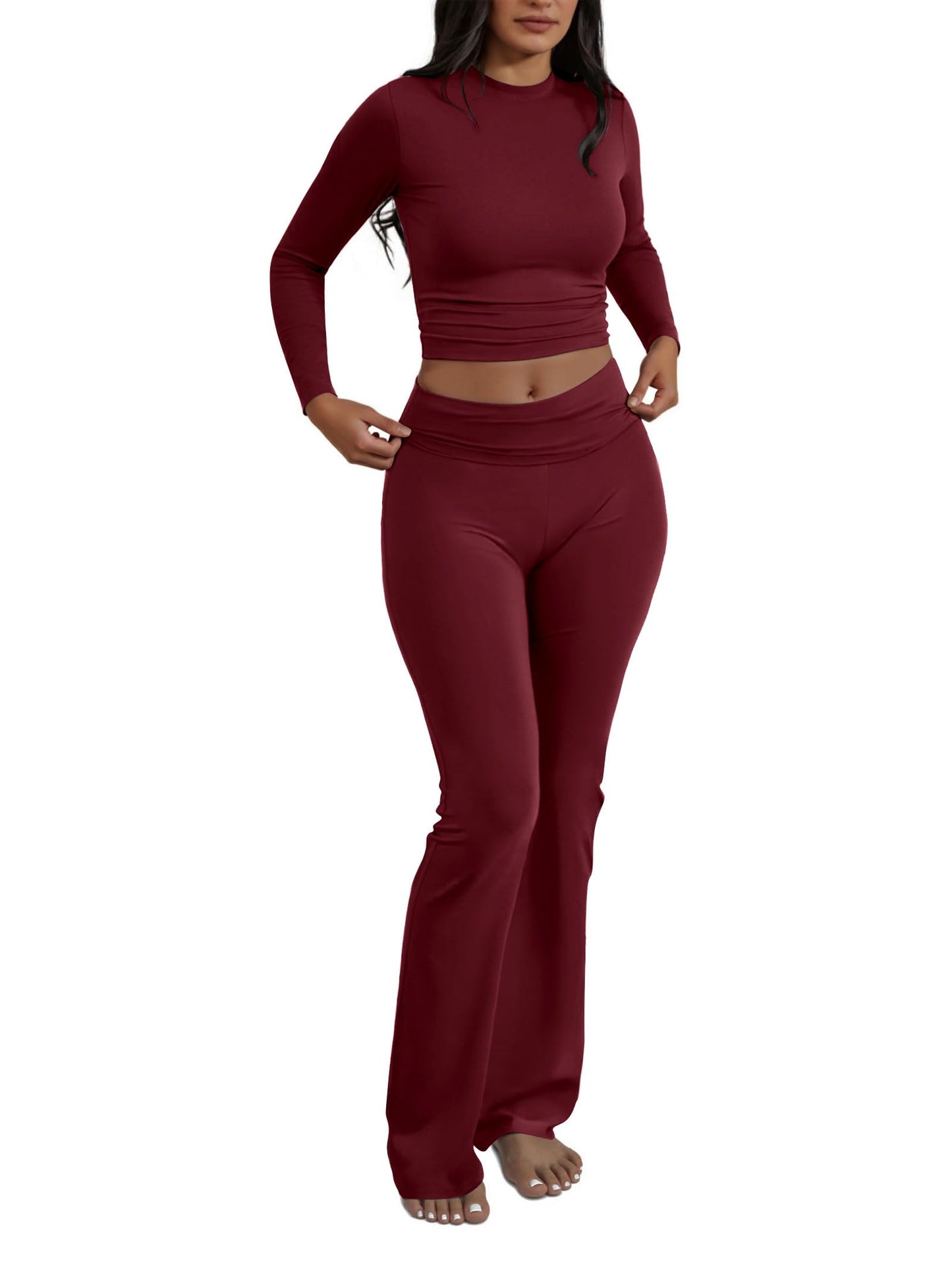 Two Piece Lounge Sets for Women Fold Over Flare Leggings Long Sleeve Crop Tops Matching Set Casual Y2k Outfits