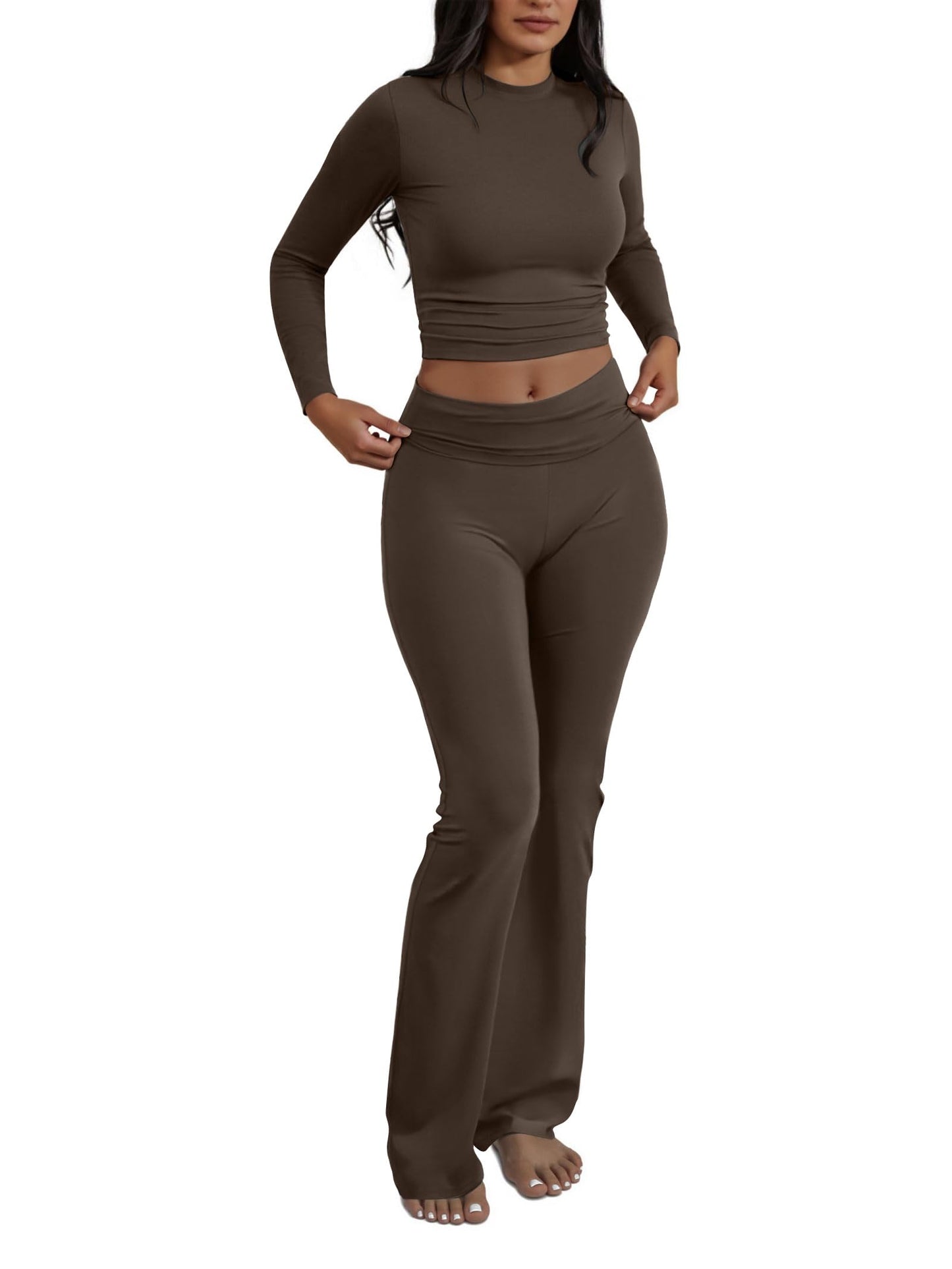 Two Piece Lounge Sets for Women Fold Over Flare Leggings Long Sleeve Crop Tops Matching Set Casual Y2k Outfits