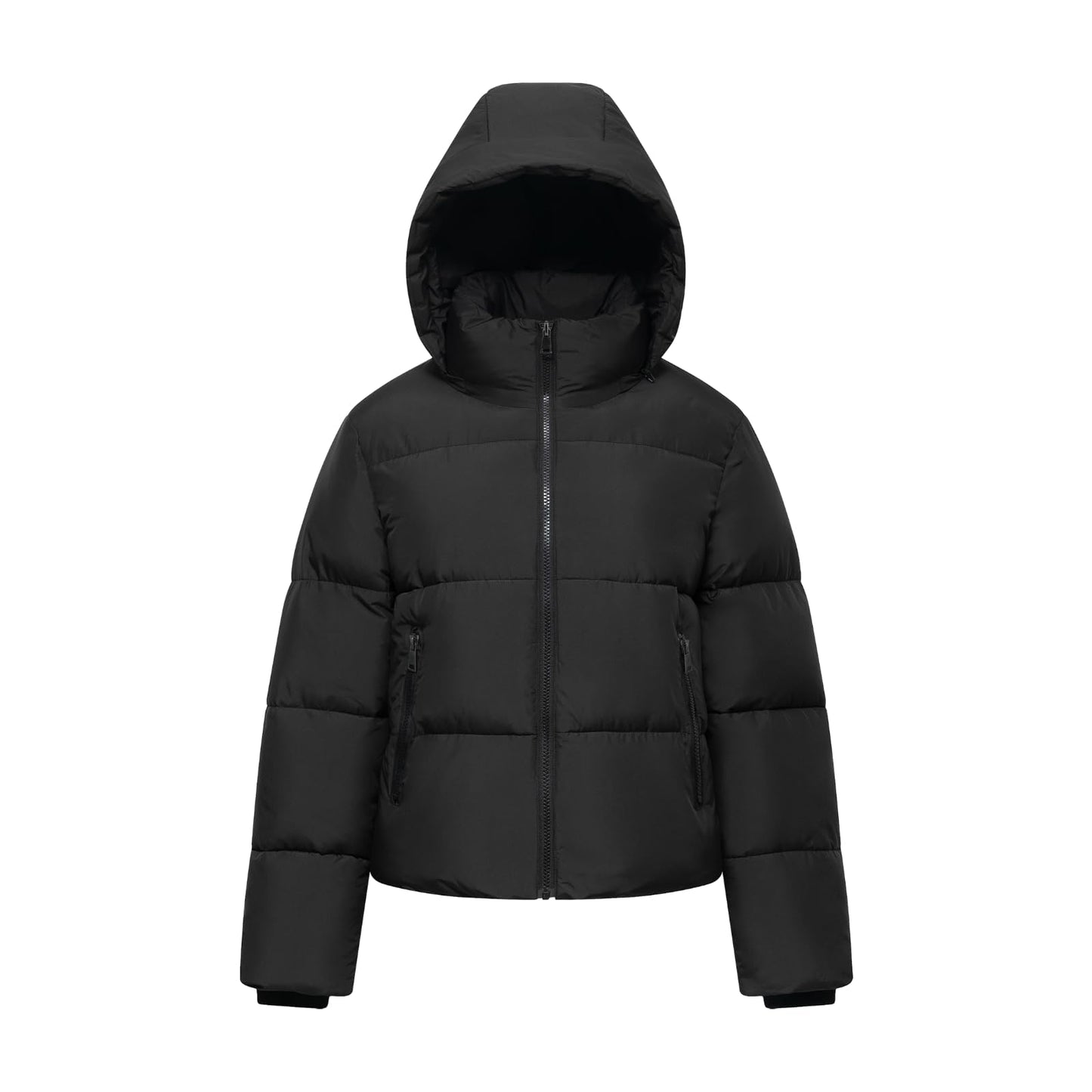 Women's Cropped Puffer Jackets,Warm Winter Jacket with Removable Hood,Zipped Pockets,Short Ladies Quilted Coat