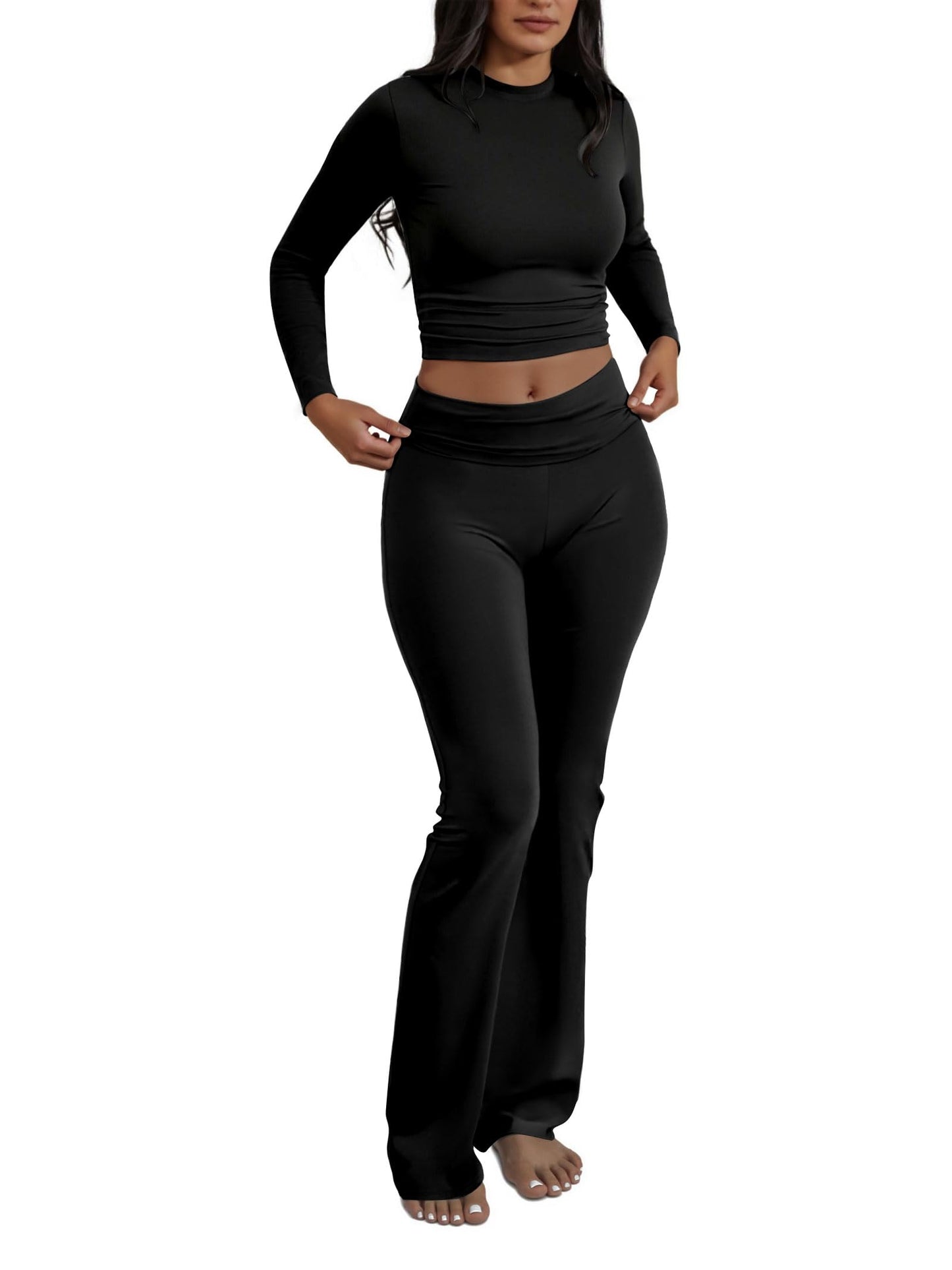 Two Piece Lounge Sets for Women Fold Over Flare Leggings Long Sleeve Crop Tops Matching Set Casual Y2k Outfits