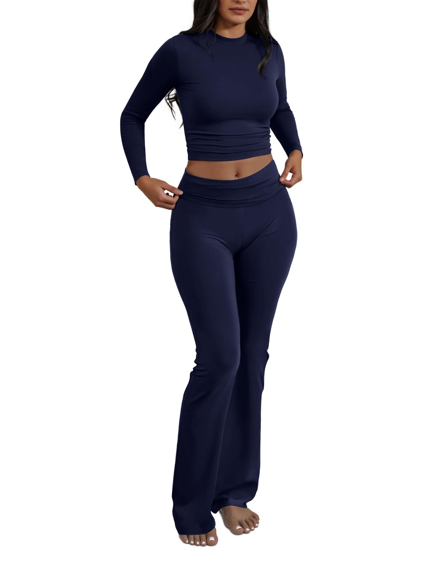 Two Piece Lounge Sets for Women Fold Over Flare Leggings Long Sleeve Crop Tops Matching Set Casual Y2k Outfits