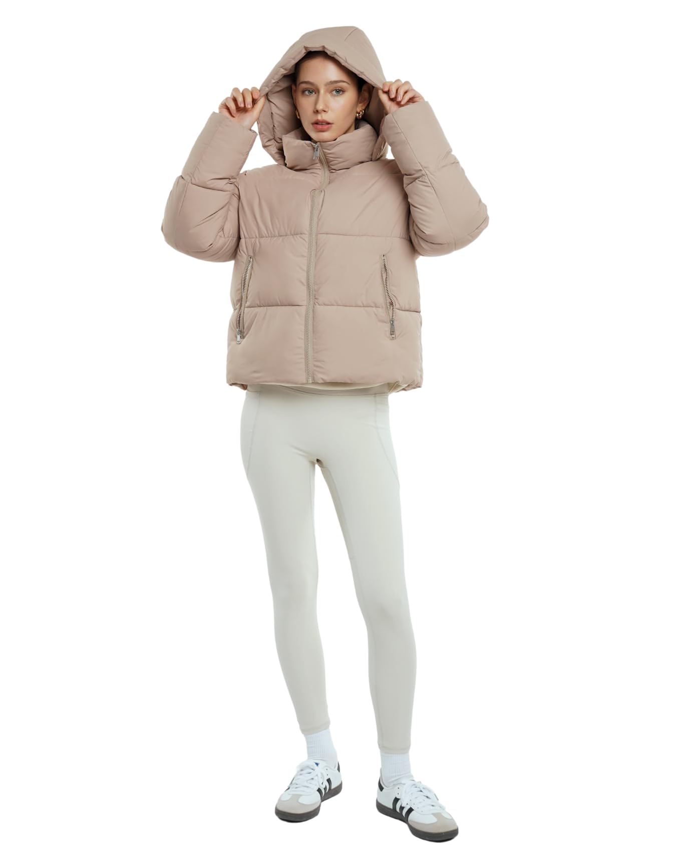 Women's Cropped Puffer Jackets,Warm Winter Jacket with Removable Hood,Zipped Pockets,Short Ladies Quilted Coat