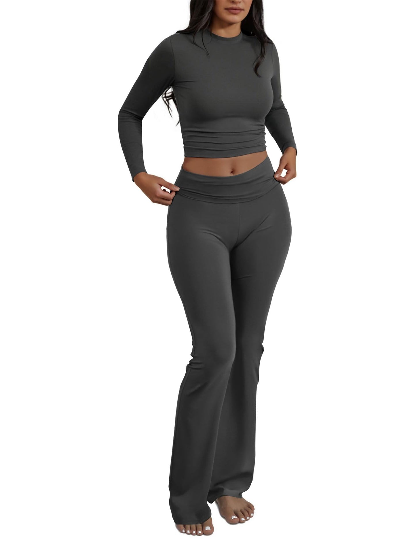 Two Piece Lounge Sets for Women Fold Over Flare Leggings Long Sleeve Crop Tops Matching Set Casual Y2k Outfits