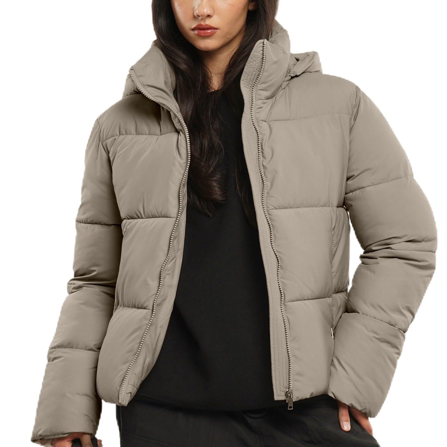 Women's Cropped Puffer Jackets,Warm Winter Jacket with Removable Hood,Zipped Pockets,Short Ladies Quilted Coat