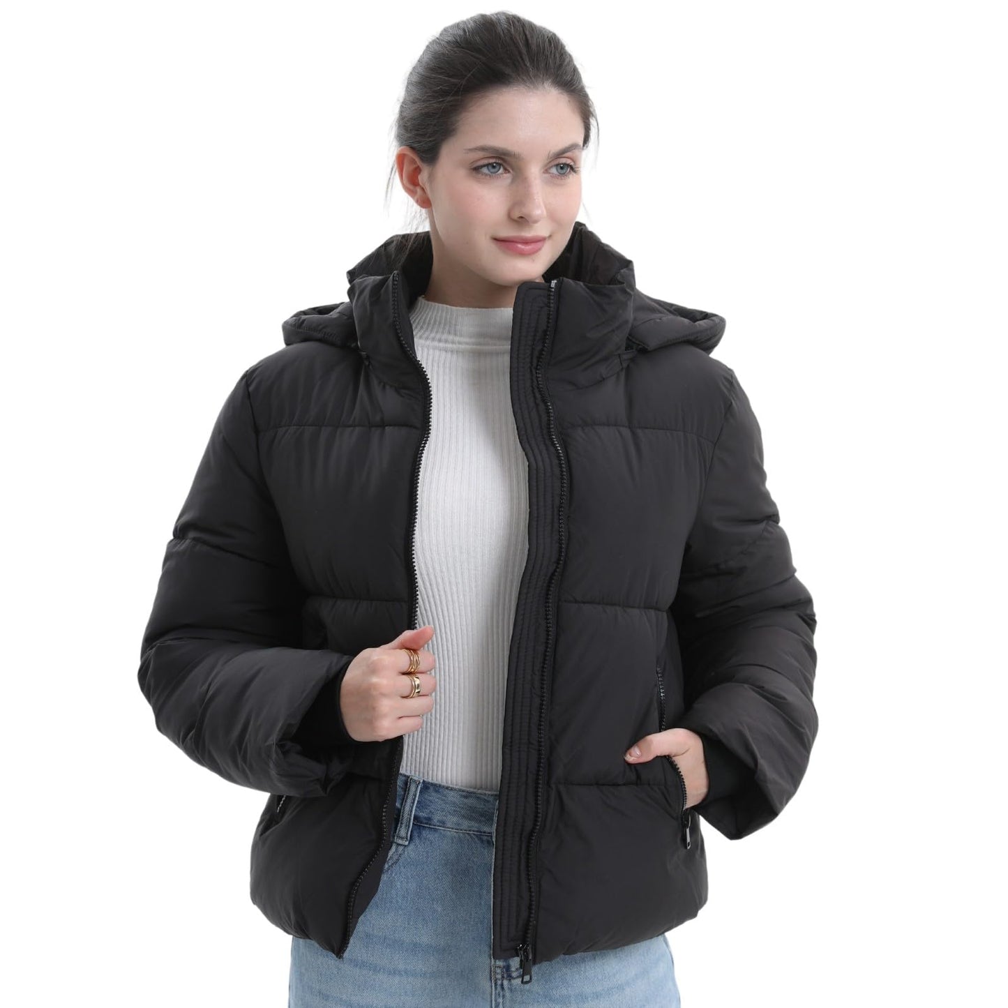 Women's Cropped Puffer Jackets,Warm Winter Jacket with Removable Hood,Zipped Pockets,Short Ladies Quilted Coat