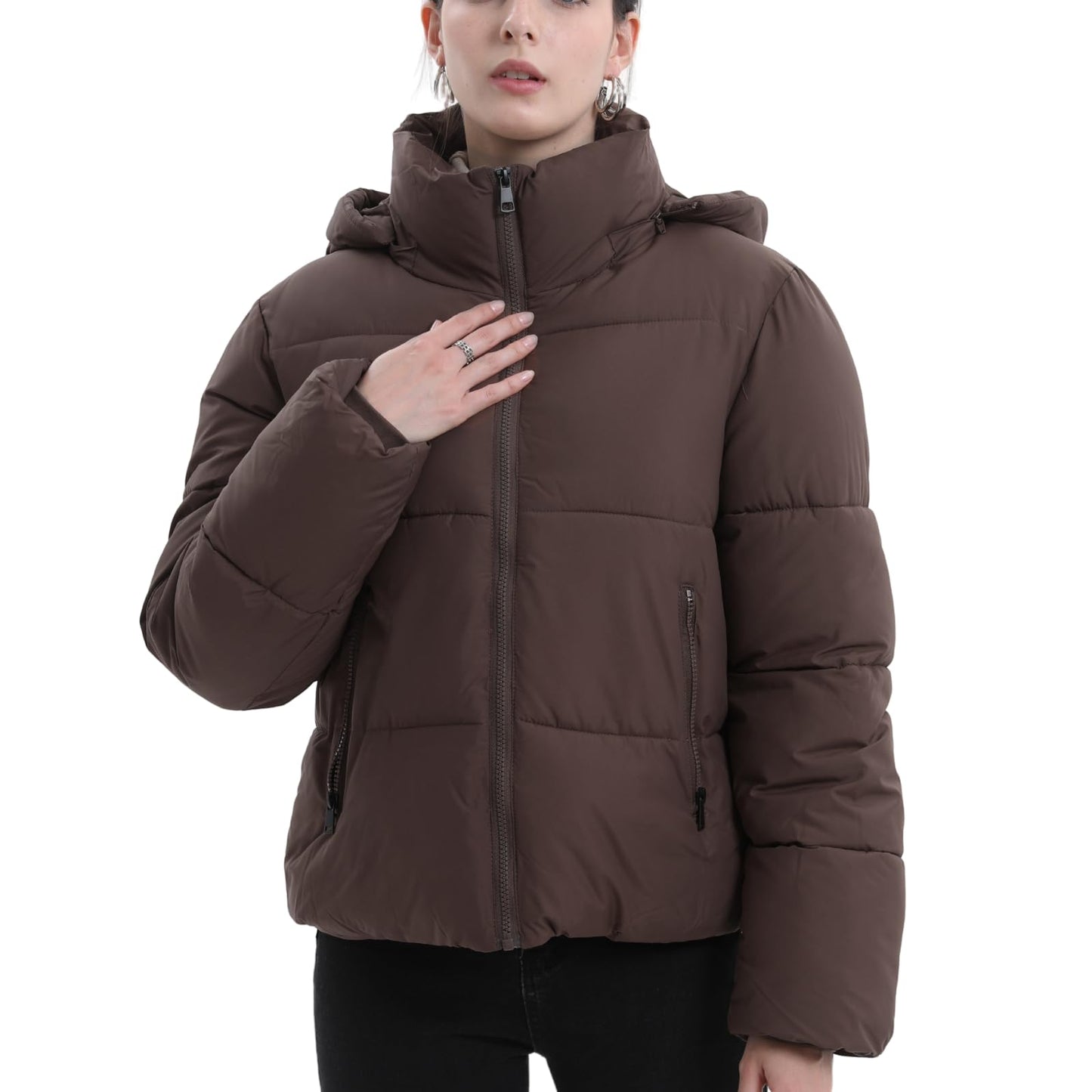 Women's Cropped Puffer Jackets,Warm Winter Jacket with Removable Hood,Zipped Pockets,Short Ladies Quilted Coat