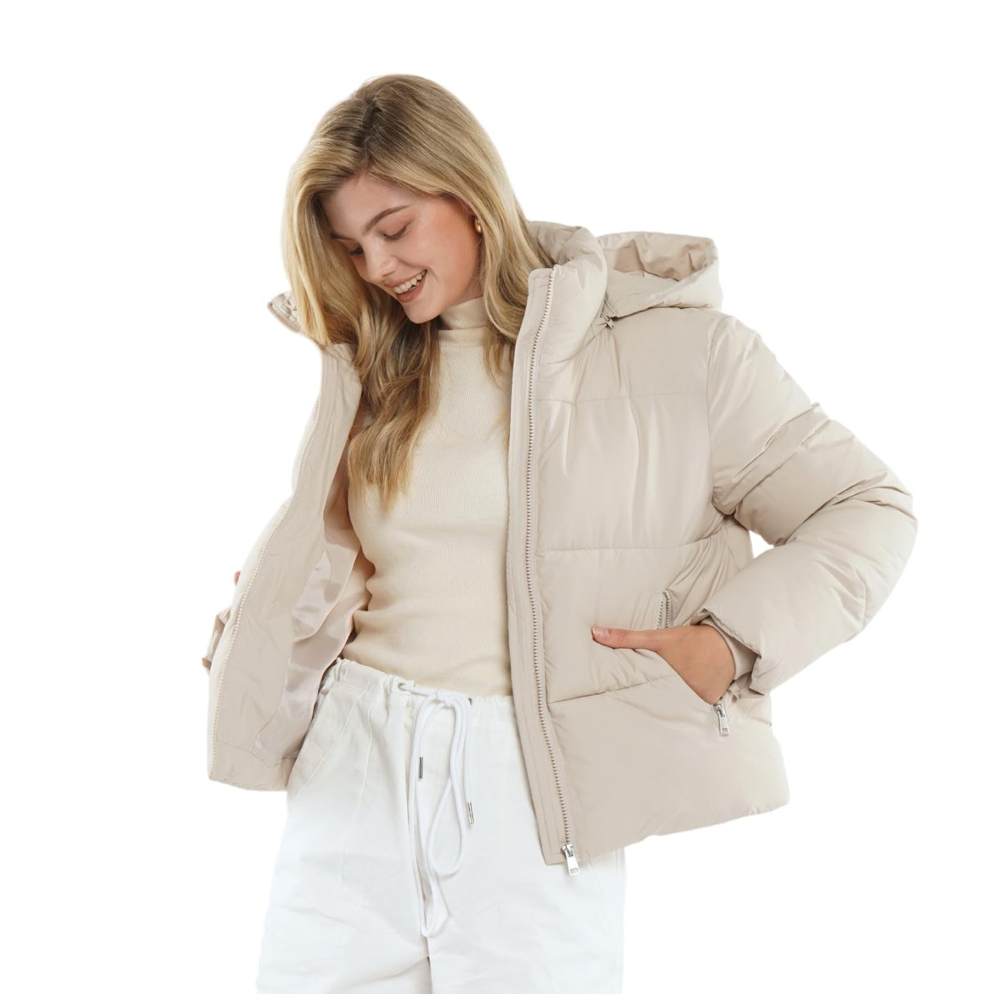 Women's Cropped Puffer Jackets,Warm Winter Jacket with Removable Hood,Zipped Pockets,Short Ladies Quilted Coat