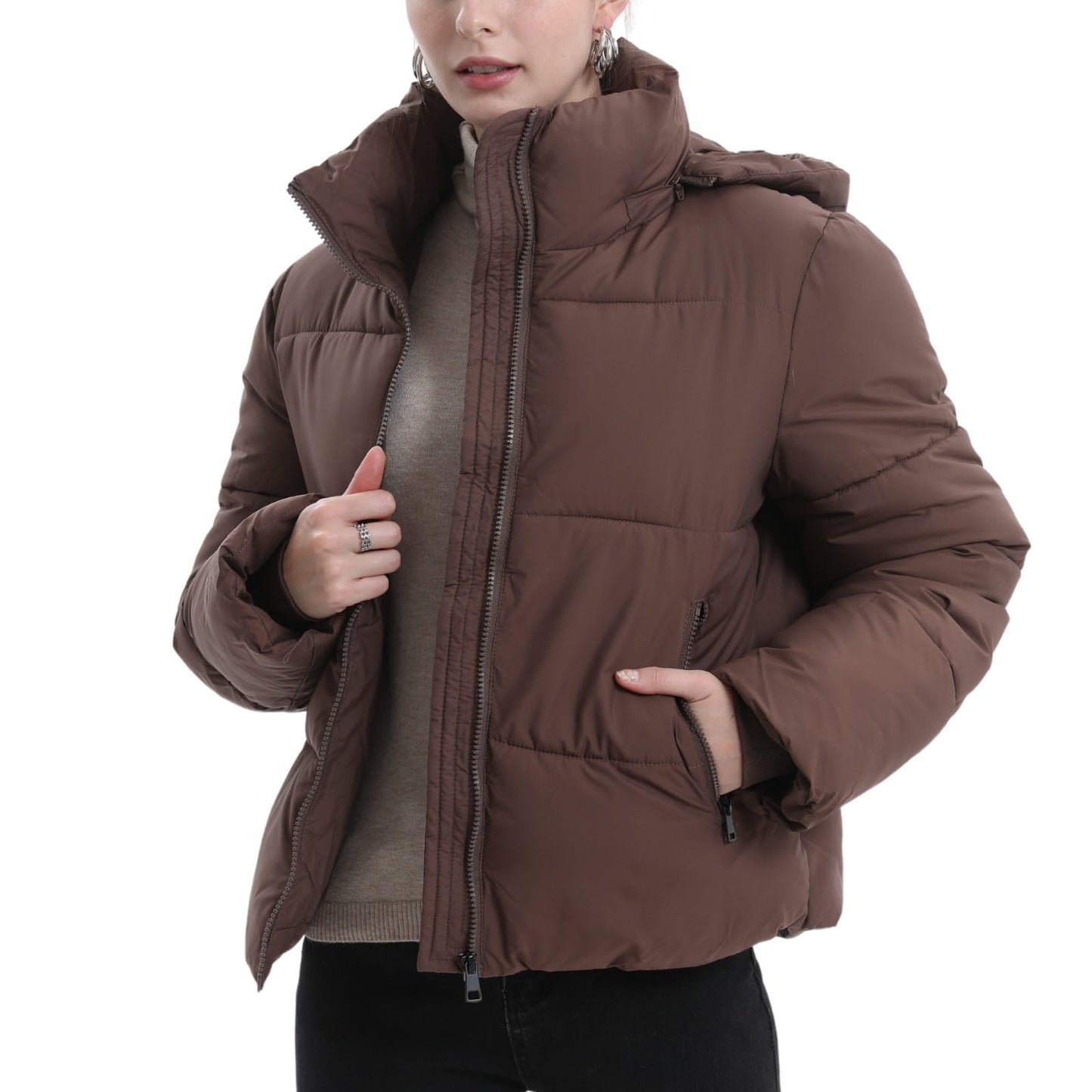 Women's Cropped Puffer Jackets,Warm Winter Jacket with Removable Hood,Zipped Pockets,Short Ladies Quilted Coat