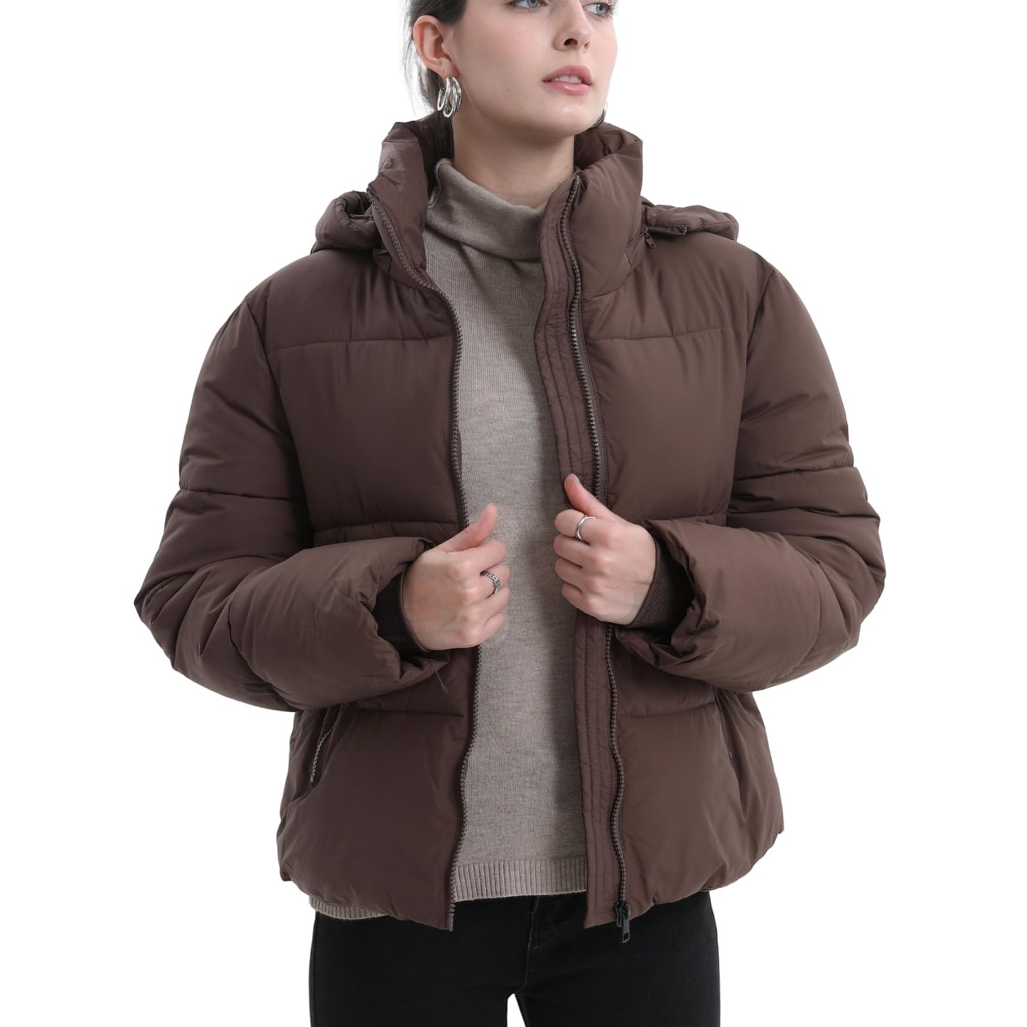 Women's Cropped Puffer Jackets,Warm Winter Jacket with Removable Hood,Zipped Pockets,Short Ladies Quilted Coat