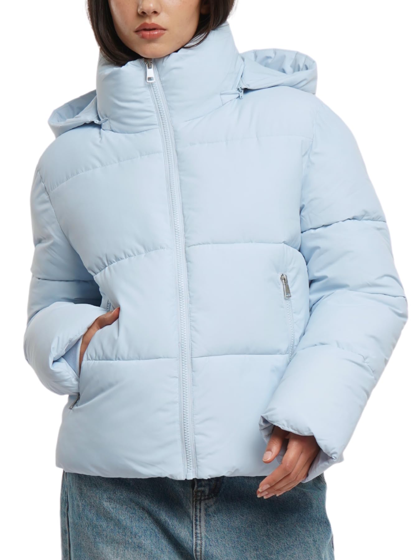 Women's Cropped Puffer Jackets,Warm Winter Jacket with Removable Hood,Zipped Pockets,Short Ladies Quilted Coat