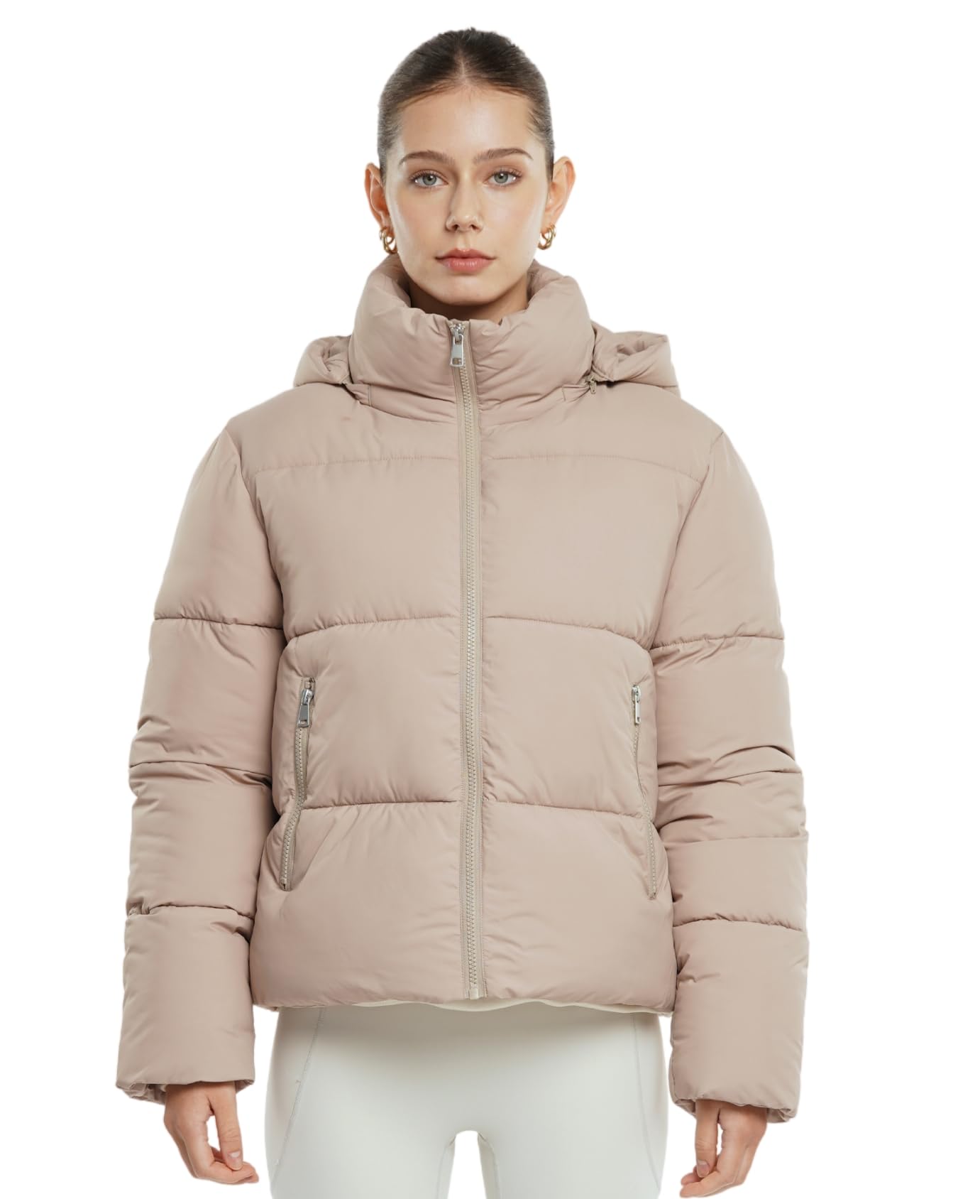 Women's Cropped Puffer Jackets,Warm Winter Jacket with Removable Hood,Zipped Pockets,Short Ladies Quilted Coat
