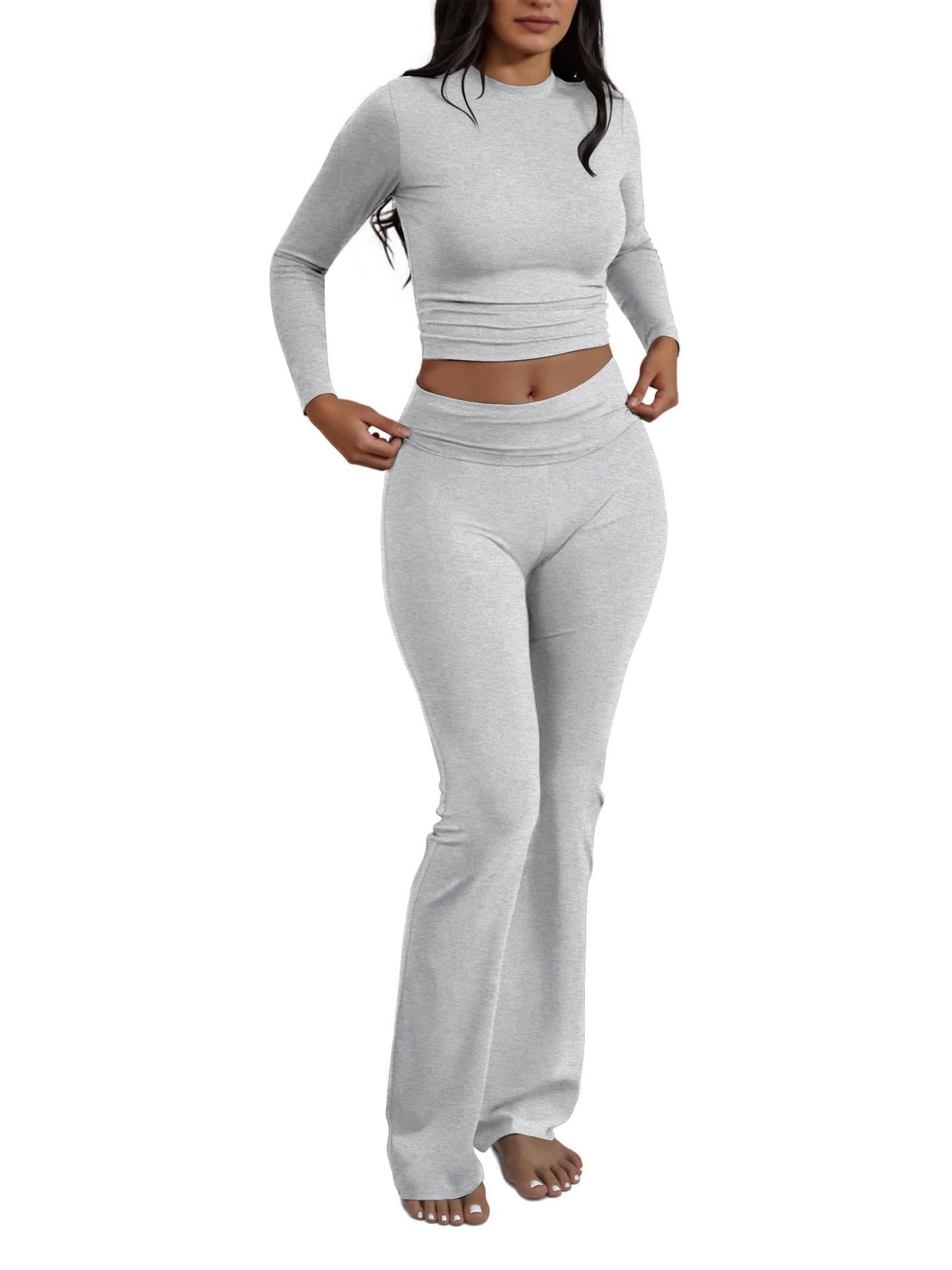 Two Piece Lounge Sets for Women Fold Over Flare Leggings Long Sleeve Crop Tops Matching Set Casual Y2k Outfits