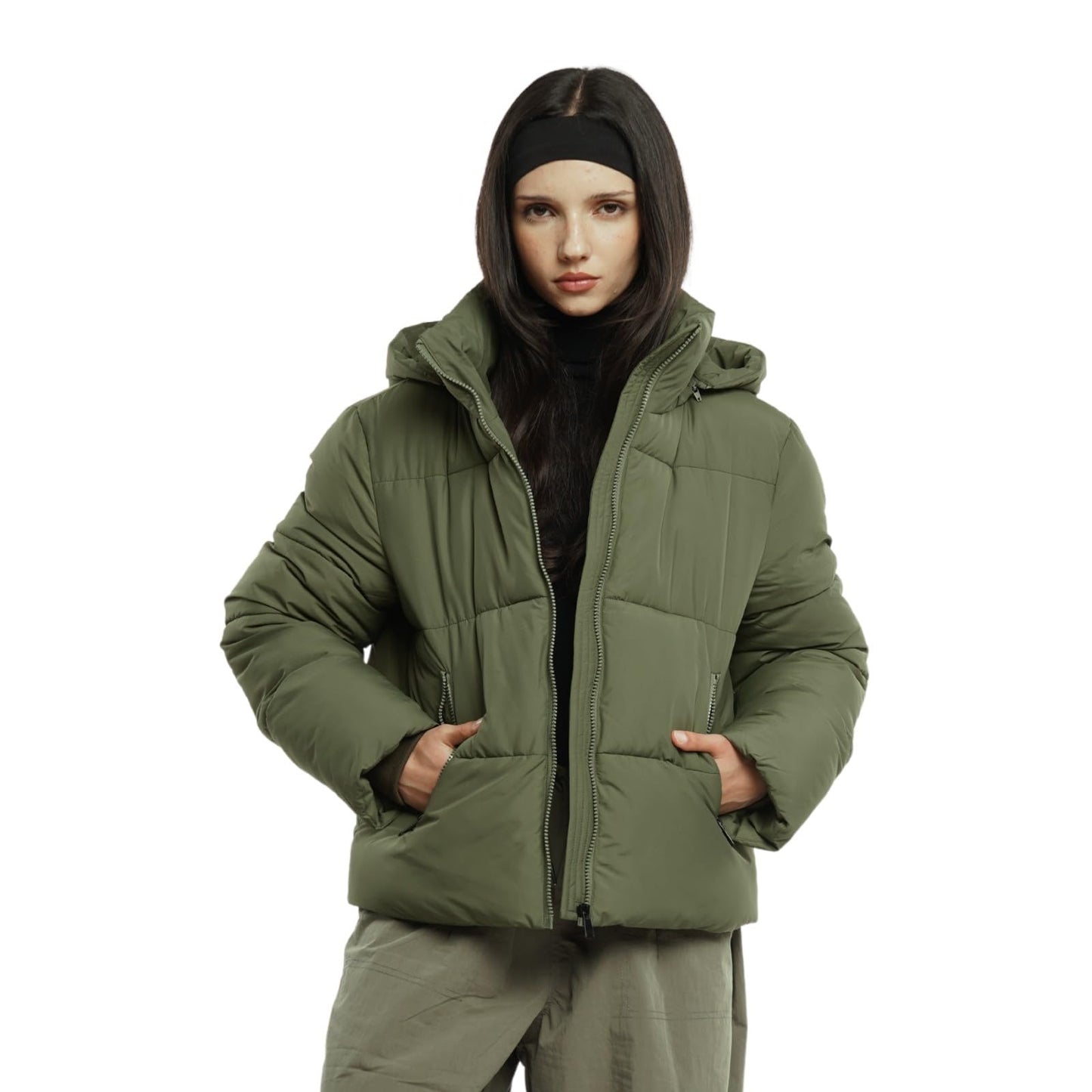 Women's Cropped Puffer Jackets,Warm Winter Jacket with Removable Hood,Zipped Pockets,Short Ladies Quilted Coat