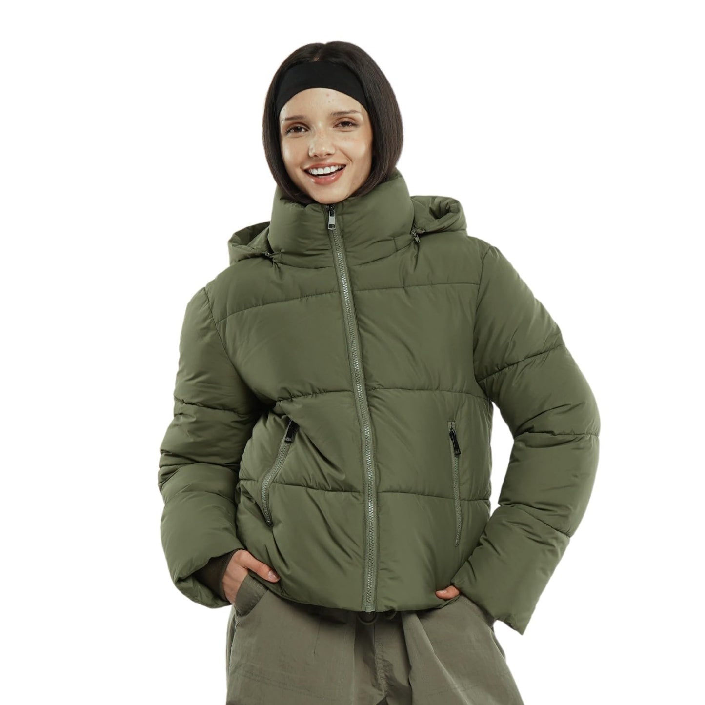 Women's Cropped Puffer Jackets,Warm Winter Jacket with Removable Hood,Zipped Pockets,Short Ladies Quilted Coat