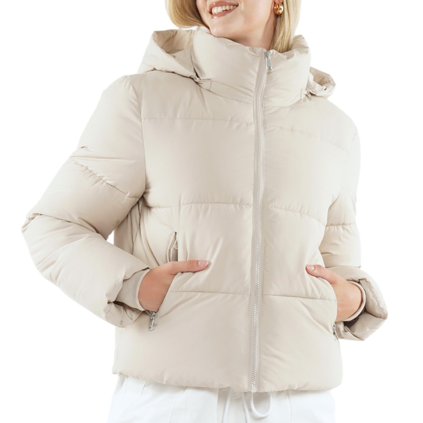 Women's Cropped Puffer Jackets,Warm Winter Jacket with Removable Hood,Zipped Pockets,Short Ladies Quilted Coat