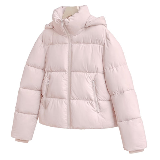 Women's Cropped Puffer Jackets,Warm Winter Jacket with Removable Hood,Zipped Pockets,Short Ladies Quilted Coat