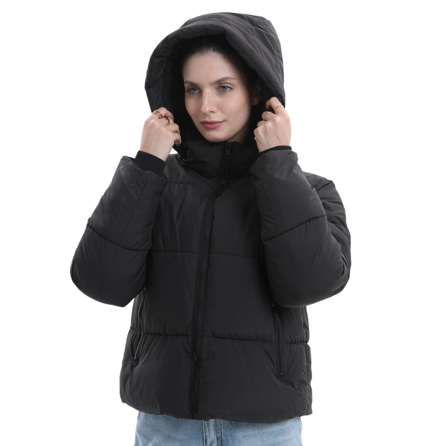 Women's Cropped Puffer Jackets,Warm Winter Jacket with Removable Hood,Zipped Pockets,Short Ladies Quilted Coat