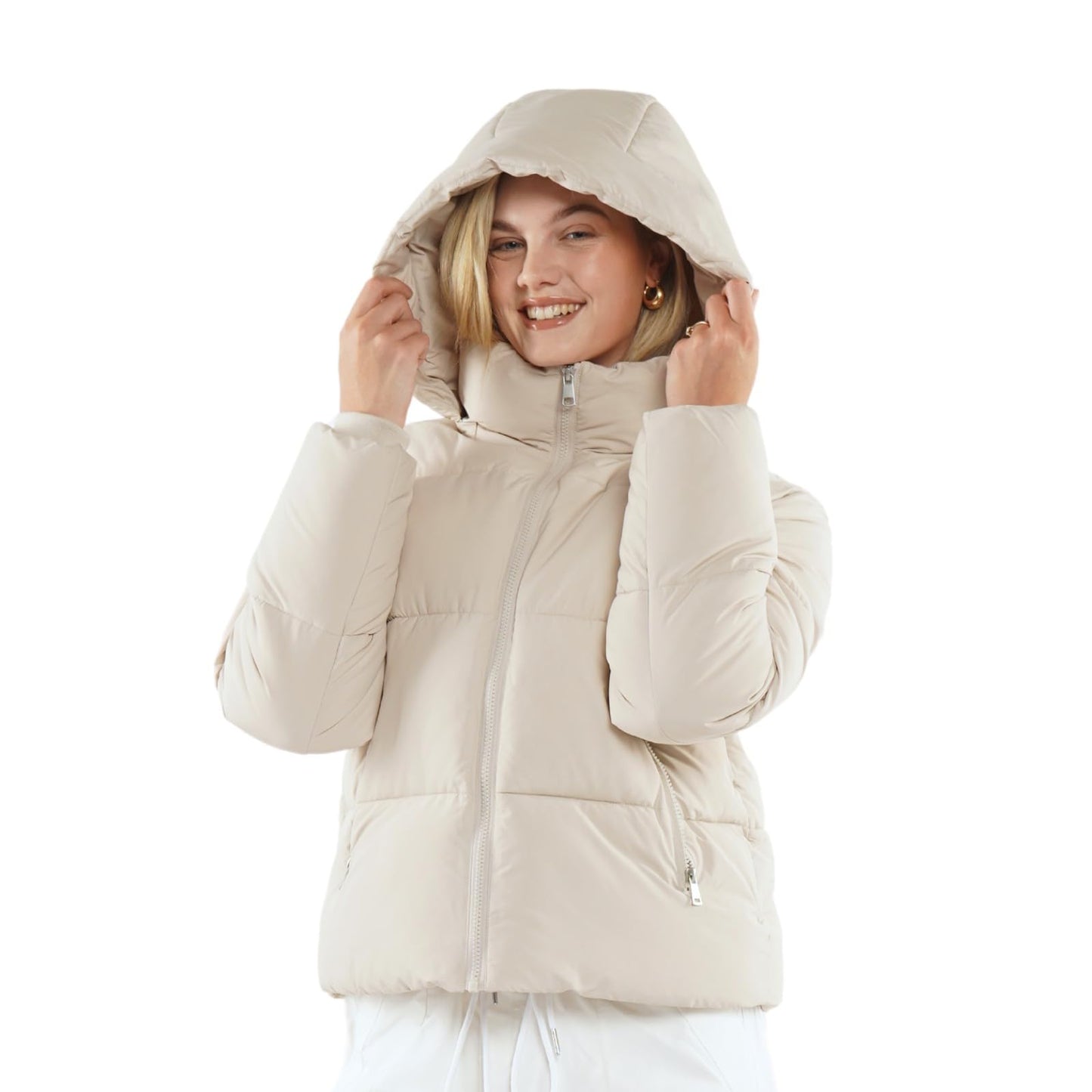 Women's Cropped Puffer Jackets,Warm Winter Jacket with Removable Hood,Zipped Pockets,Short Ladies Quilted Coat