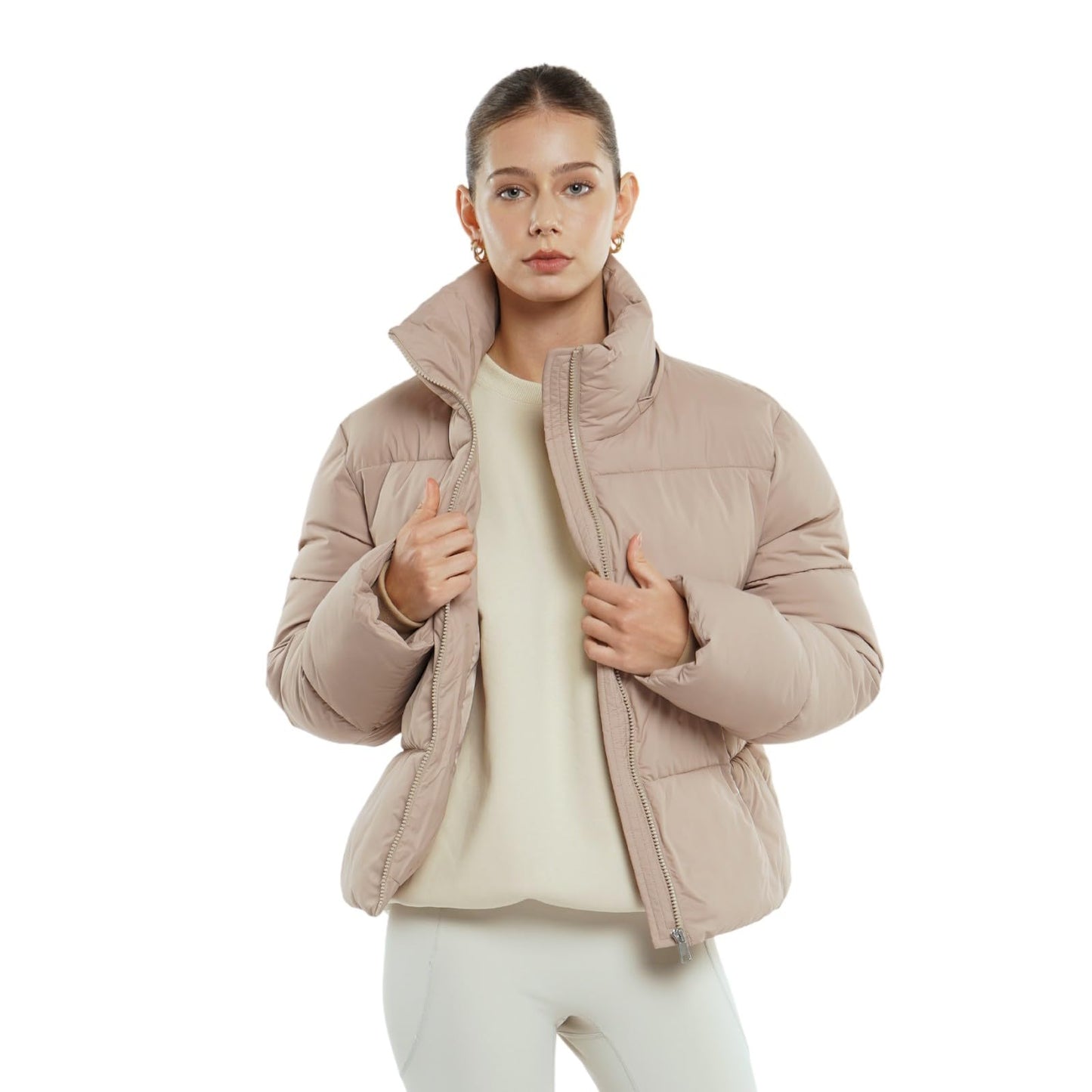 Women's Cropped Puffer Jackets,Warm Winter Jacket with Removable Hood,Zipped Pockets,Short Ladies Quilted Coat