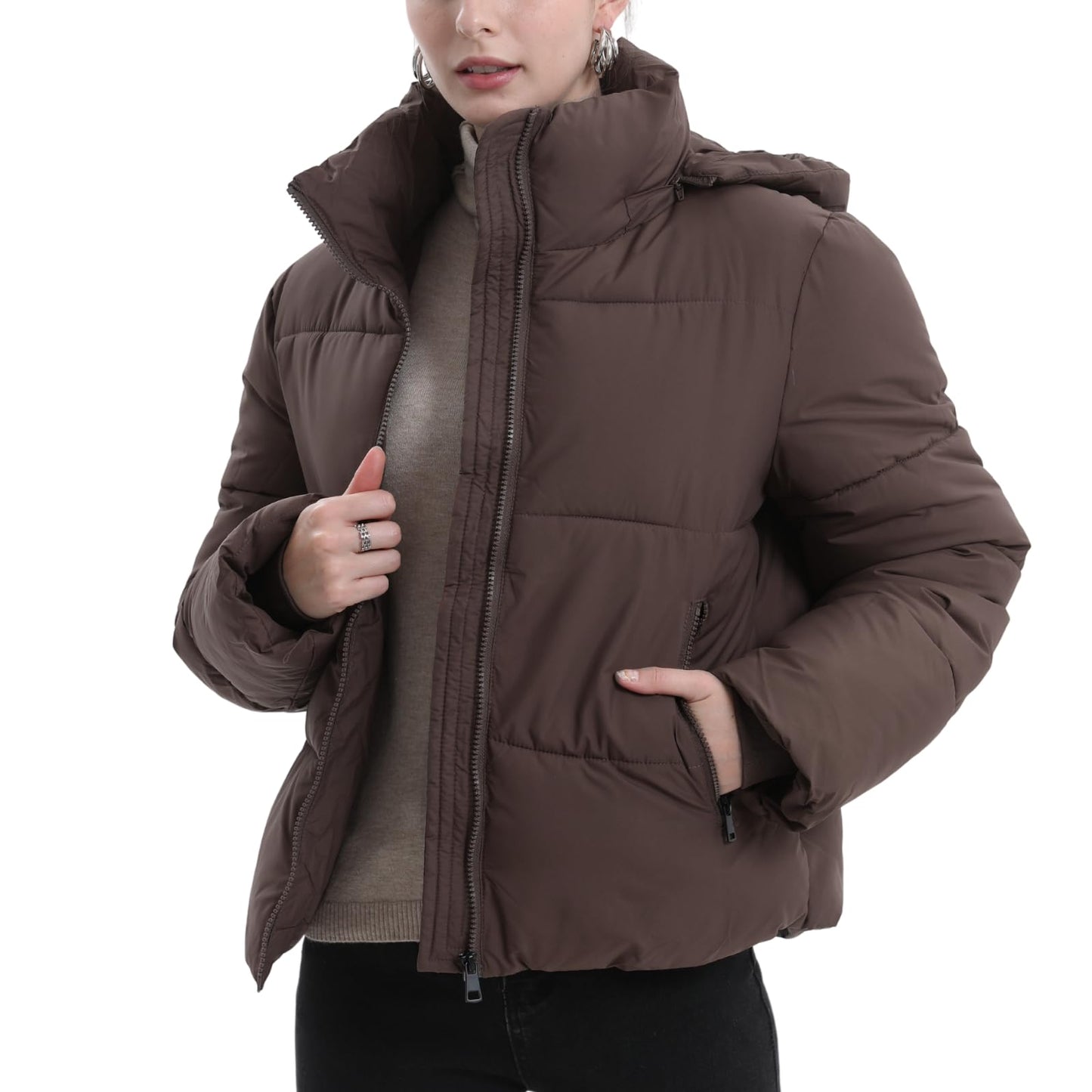Women's Cropped Puffer Jackets,Warm Winter Jacket with Removable Hood,Zipped Pockets,Short Ladies Quilted Coat
