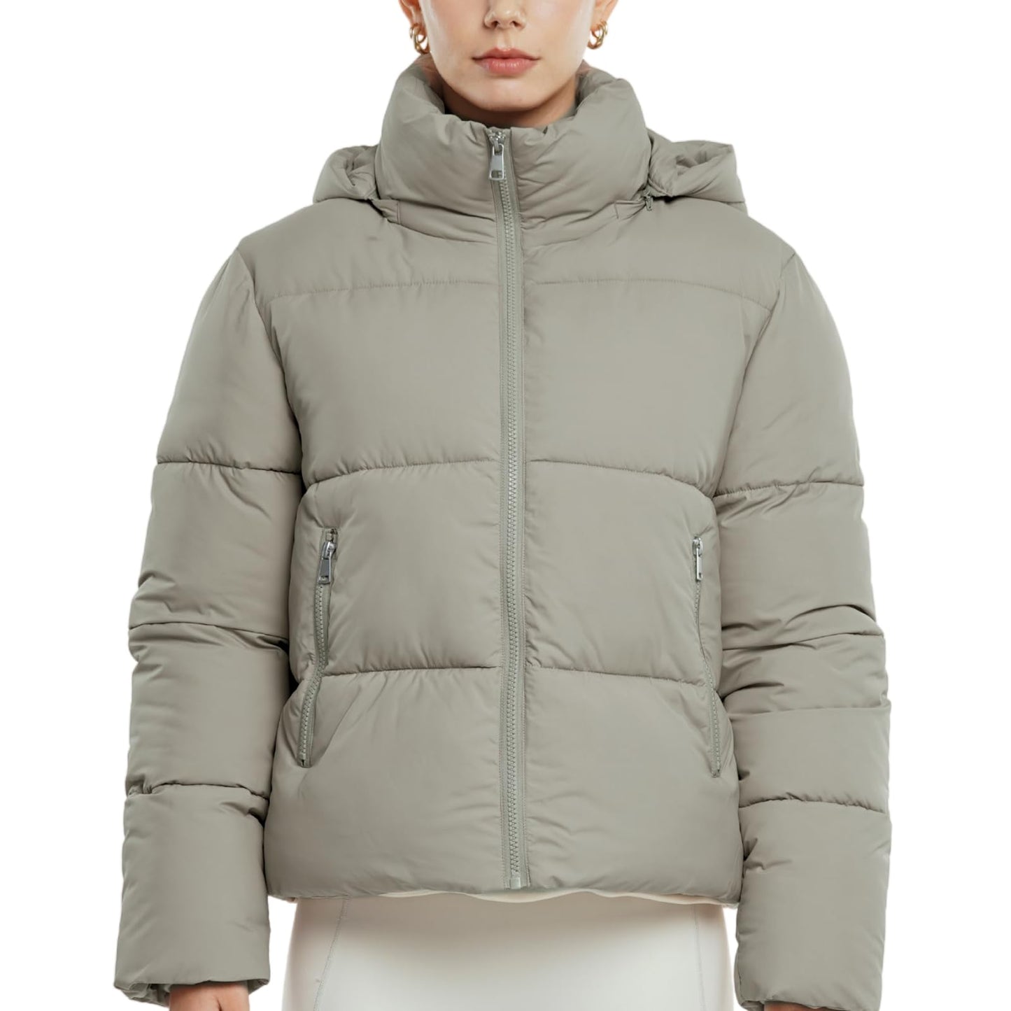 Women's Cropped Puffer Jackets,Warm Winter Jacket with Removable Hood,Zipped Pockets,Short Ladies Quilted Coat