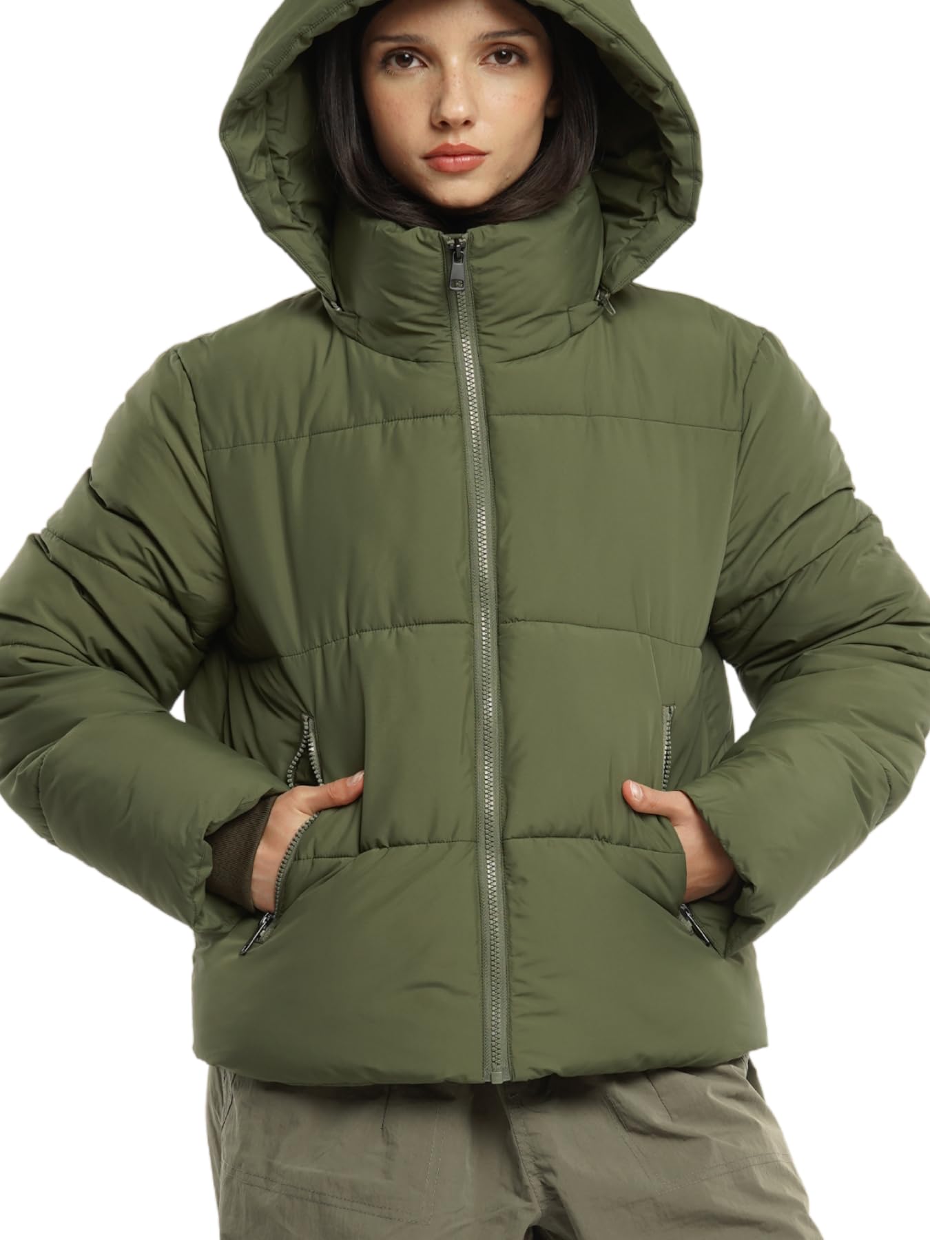 Women's Cropped Puffer Jackets,Warm Winter Jacket with Removable Hood,Zipped Pockets,Short Ladies Quilted Coat
