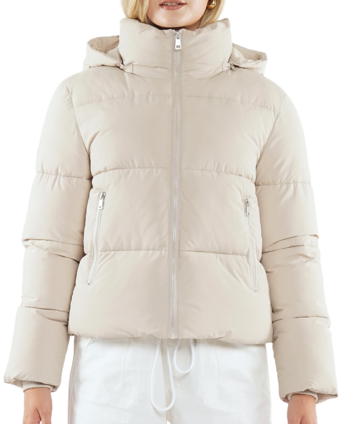 Women's Cropped Puffer Jackets,Warm Winter Jacket with Removable Hood,Zipped Pockets,Short Ladies Quilted Coat