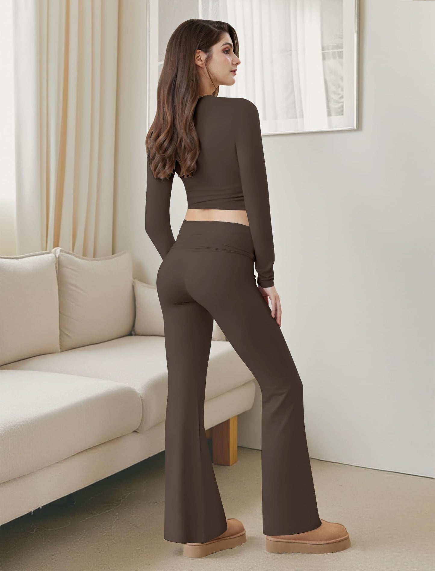 Two Piece Lounge Sets for Women Fold Over Flare Leggings Long Sleeve Crop Tops Matching Set Casual Y2k Outfits