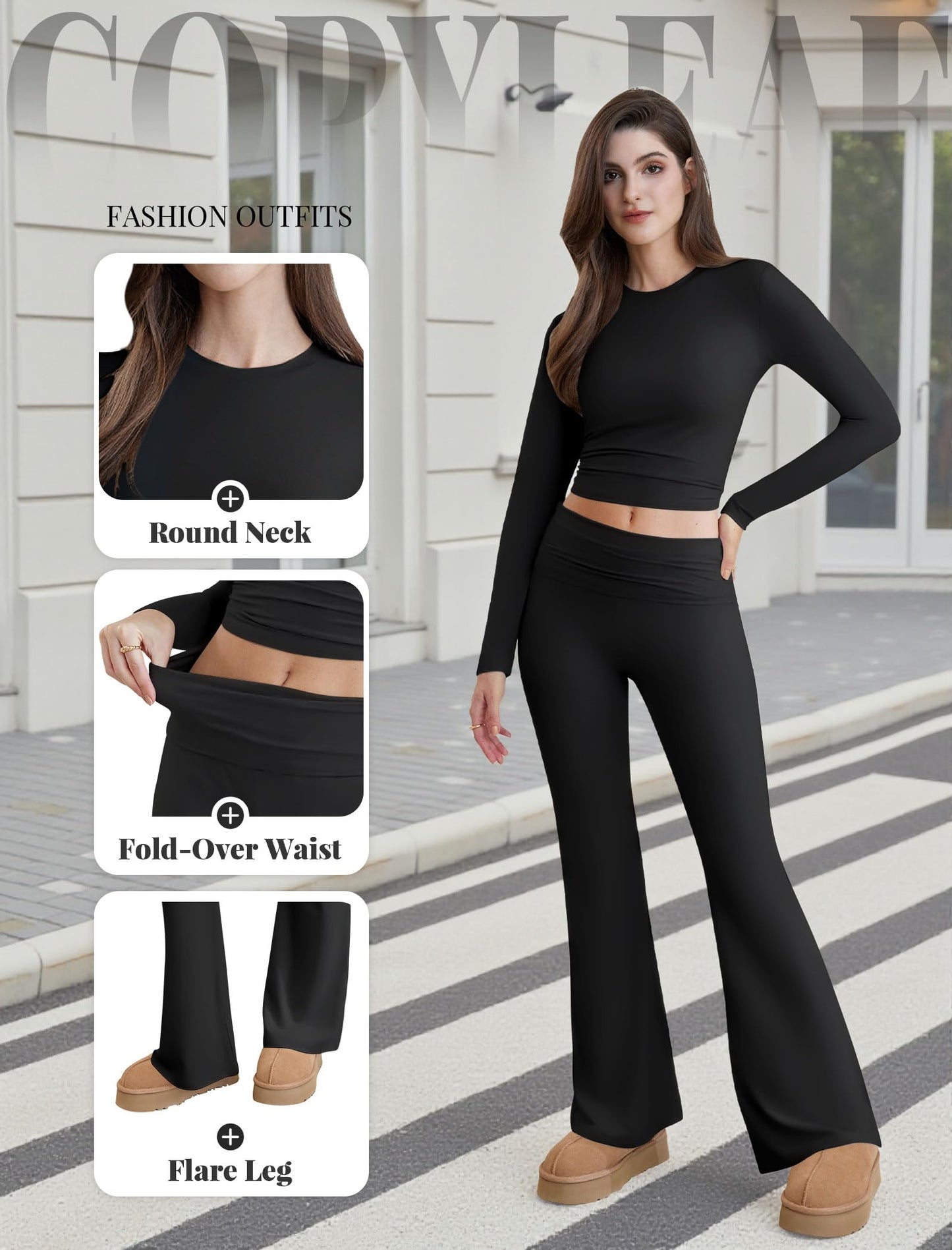 Two Piece Lounge Sets for Women Fold Over Flare Leggings Long Sleeve Crop Tops Matching Set Casual Y2k Outfits