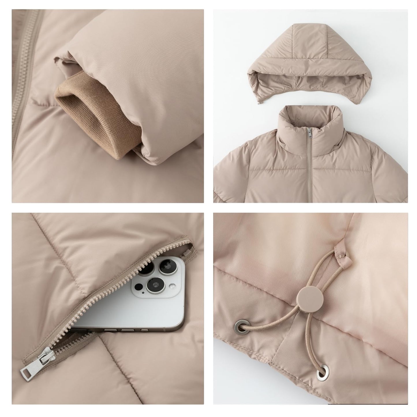 Women's Cropped Puffer Jackets,Warm Winter Jacket with Removable Hood,Zipped Pockets,Short Ladies Quilted Coat