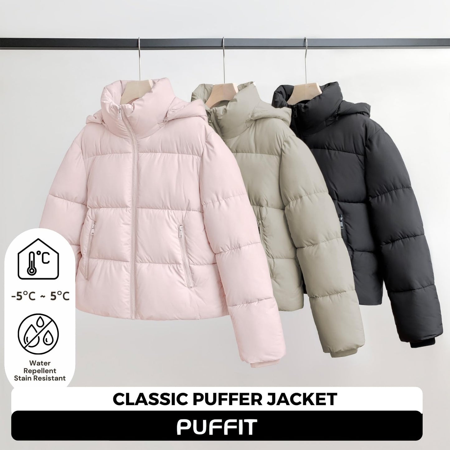 Women's Cropped Puffer Jackets,Warm Winter Jacket with Removable Hood,Zipped Pockets,Short Ladies Quilted Coat