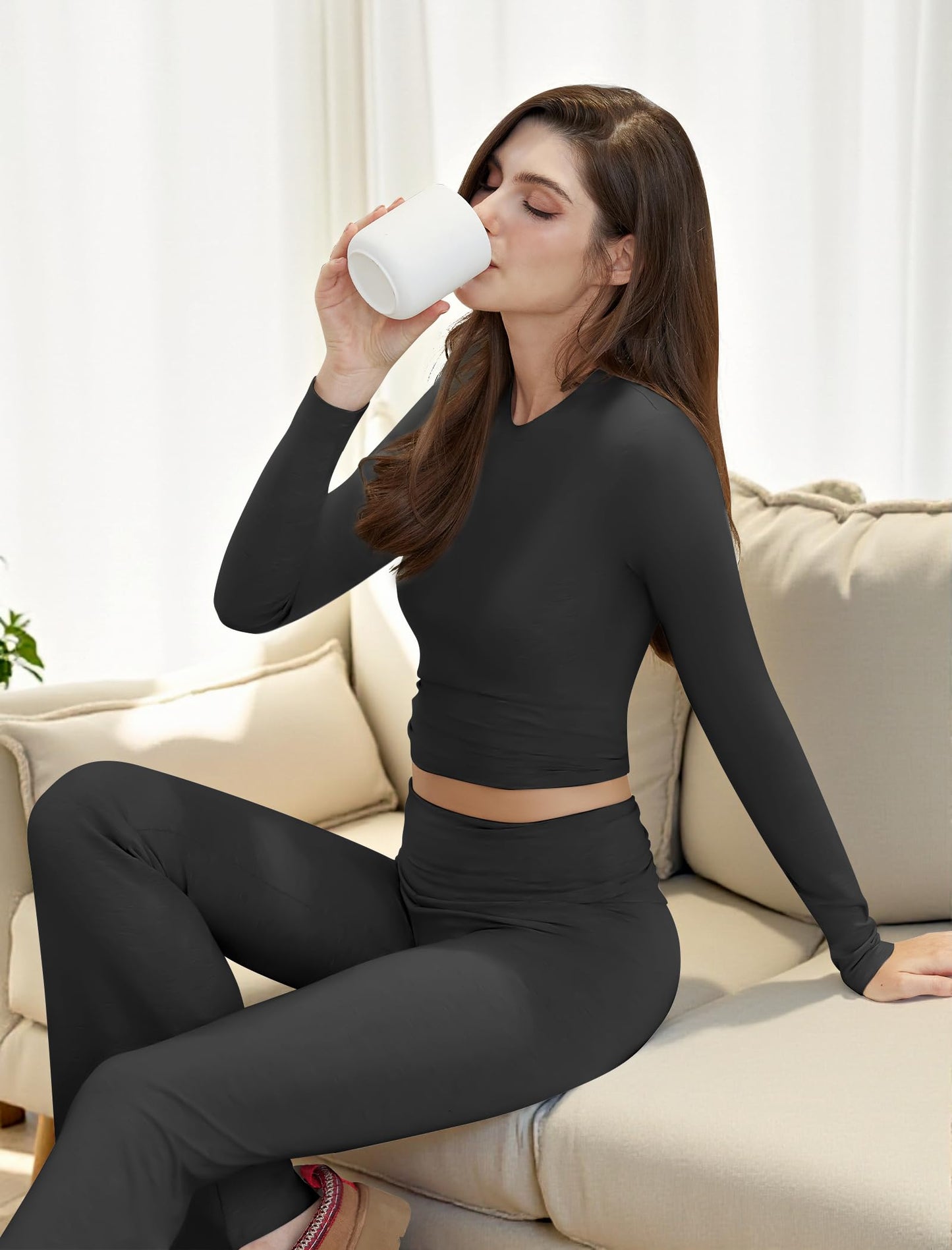 Two Piece Lounge Sets for Women Fold Over Flare Leggings Long Sleeve Crop Tops Matching Set Casual Y2k Outfits