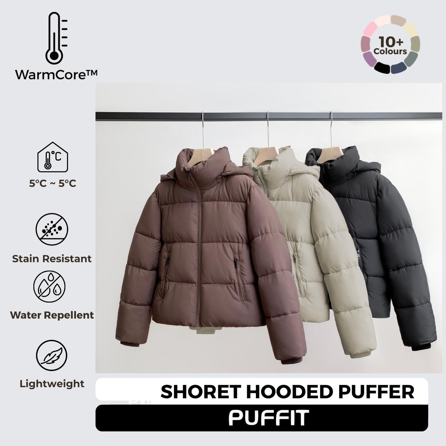 Women's Cropped Puffer Jackets,Warm Winter Jacket with Removable Hood,Zipped Pockets,Short Ladies Quilted Coat