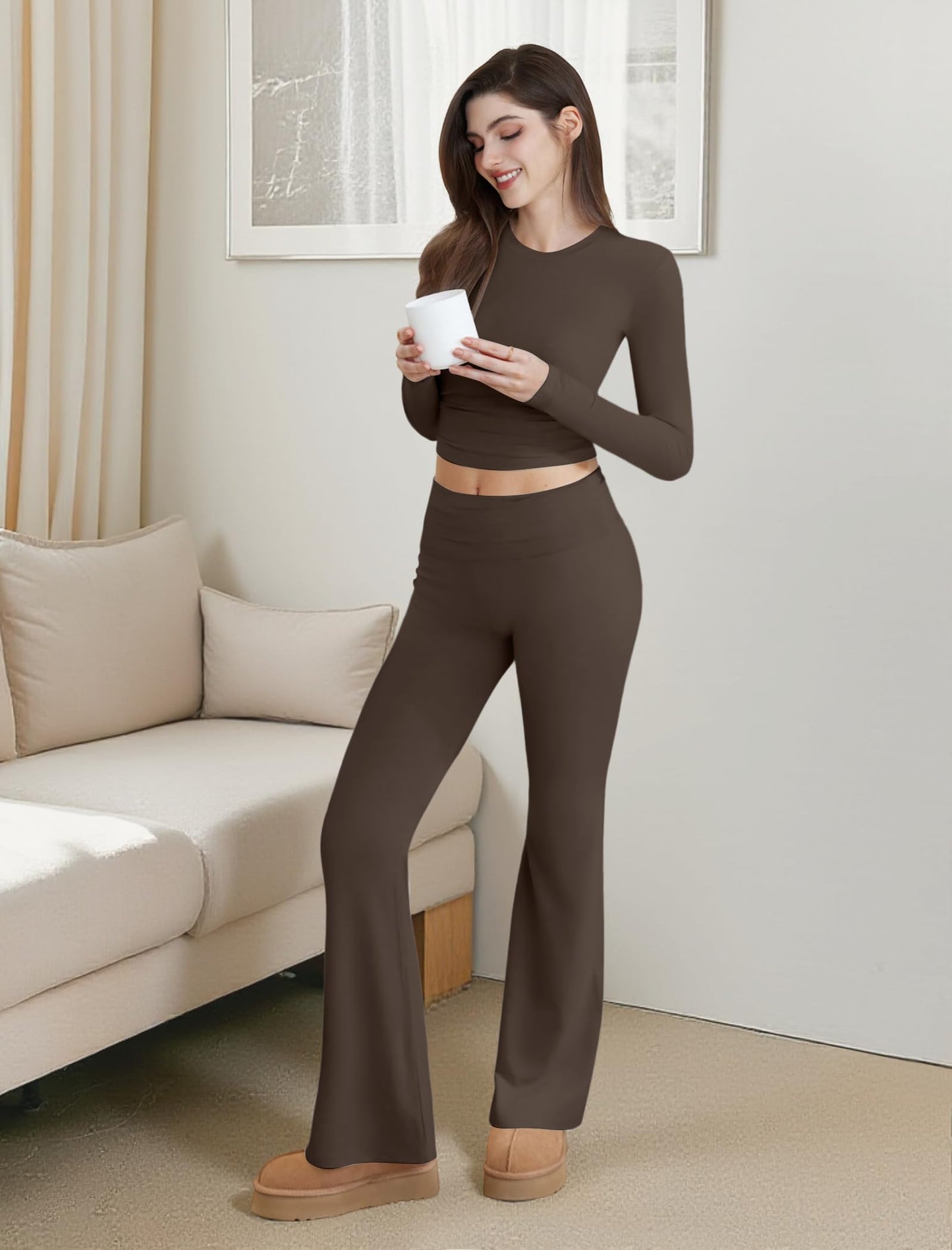 Two Piece Lounge Sets for Women Fold Over Flare Leggings Long Sleeve Crop Tops Matching Set Casual Y2k Outfits