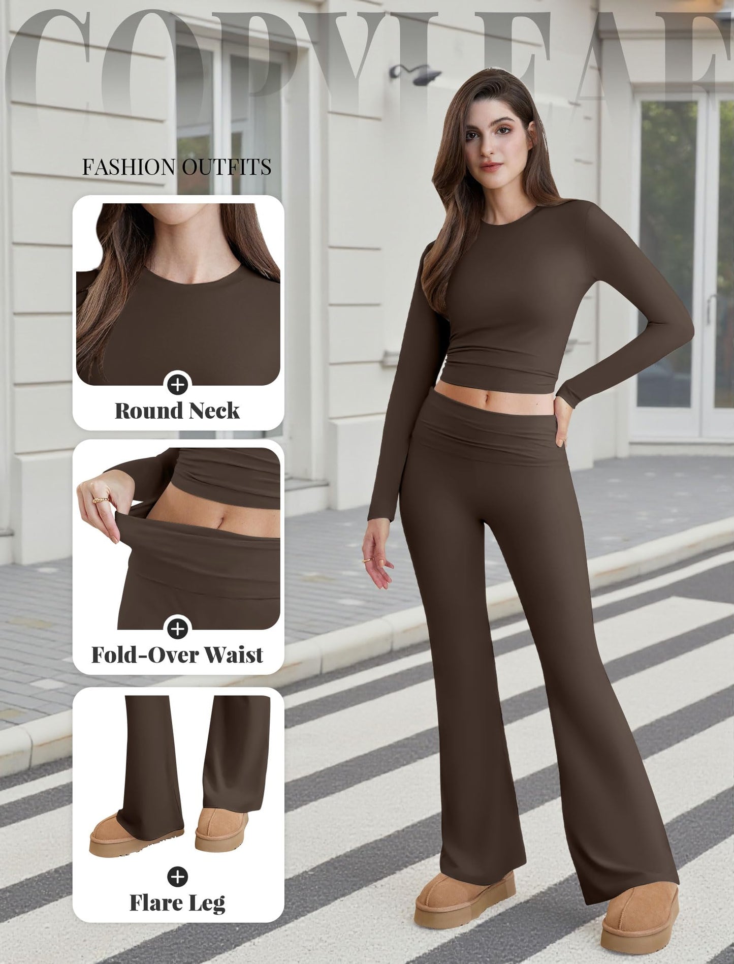 Two Piece Lounge Sets for Women Fold Over Flare Leggings Long Sleeve Crop Tops Matching Set Casual Y2k Outfits